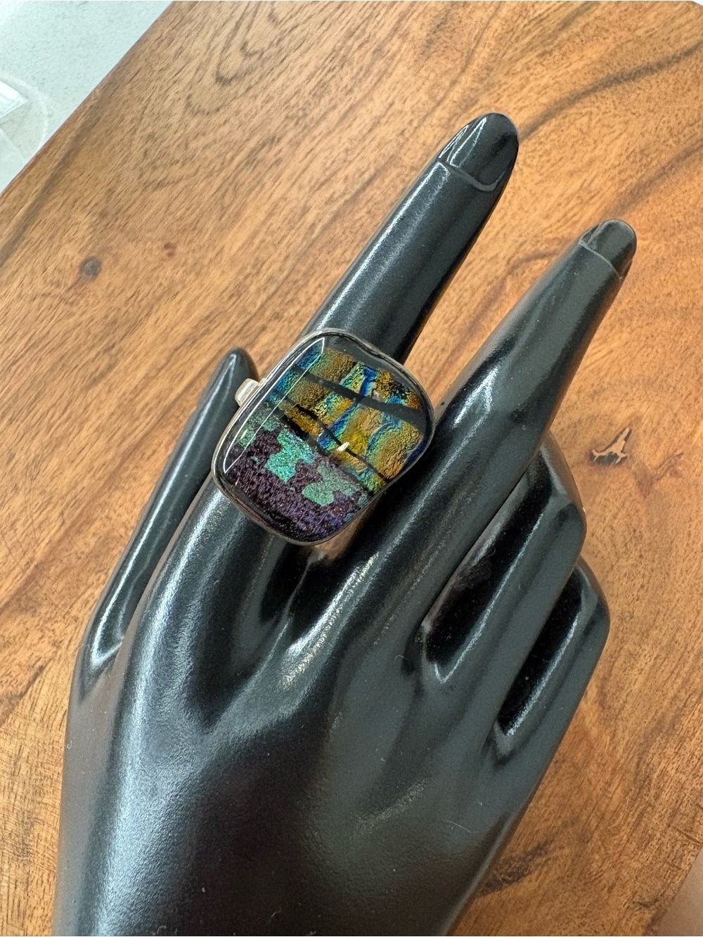 Vintage Sterling Silver Dichroic Glass Ring with Star Accent - Size 6 and 3/4